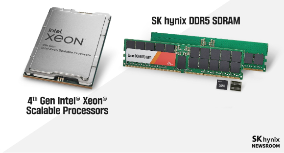 인텔의 4세대 제온 CPU와 SK하이닉스의 DDR5 D램. [사진=SK하이닉스 ]