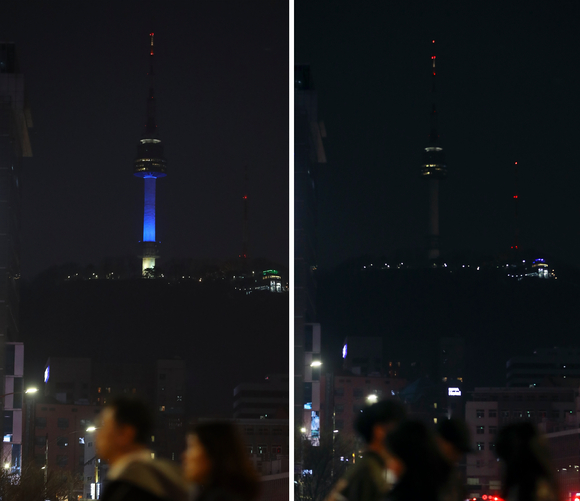 지구촌 전등 끄기 '어스 아워(EarthHour)' 캠페인날인 25일 오후 서울 남산 N서울타워에 조명이 꺼져(오른쪽) 있다. [사진=뉴시스]