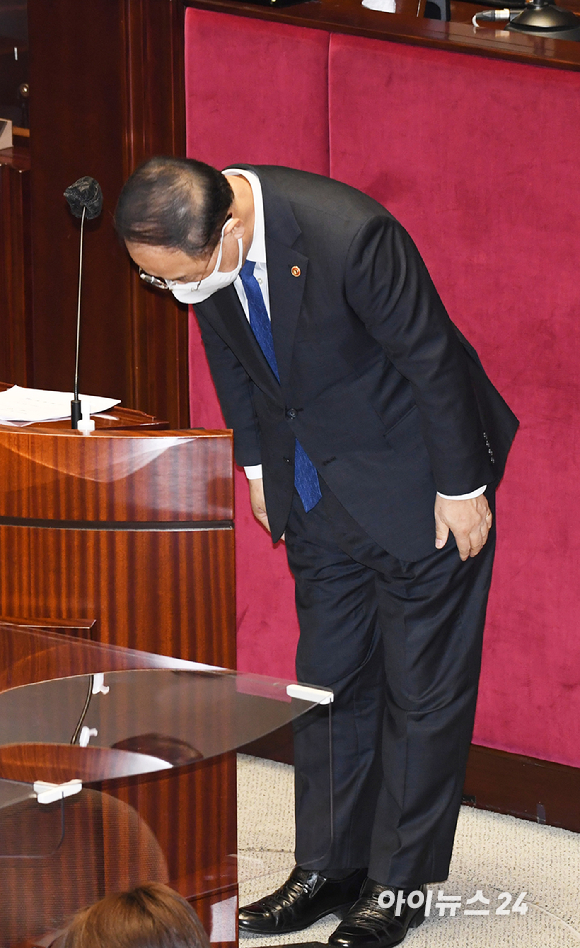 홍남기 경제부총리가 5일 국회에서 열린 예산결산특별위원회에서 2022년도 예산안에 대한 제안설명에 앞서 인사 하고 있다. [사진=김성진 기자]