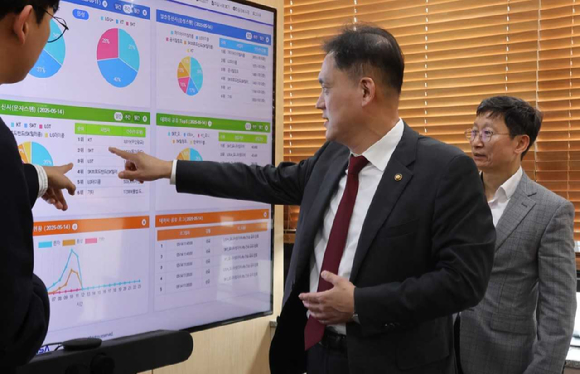 김태규 방송통신위원회 부위원장이 14일 전남 나주시에 위치한 한국인터넷진흥원을 방문해 SK텔레콤 사이버 침해사고 이후 스팸신고 동향 및 대응 현황을 살피고 있다. [사진=방통위]