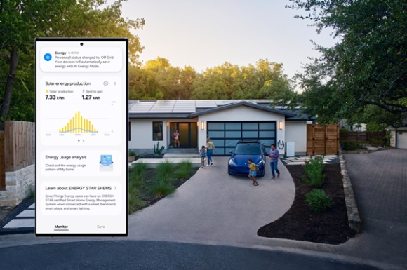 테슬라 라이프스타일 이미지와 스마트싱스 에너지 기능이 테슬라 파워월과 연동된 모바일 화면 이미지. [사진=삼성전자]