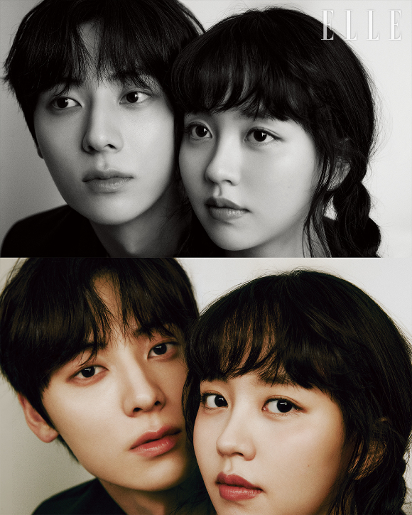 배우 김소현과 황민현이 화보 촬영에서 포즈를 취하고 있다. [사진=엘르 코리아]