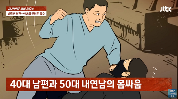 21세 어린 여자와 불륜을 저지른 남편에게 화가 난 한 여성이 맞바람을 피우면서 내연남에게 남편의 폭행을 사주하기까지 한 사연이 공개됐다. [사진=유튜브 채널 'JTBC News']