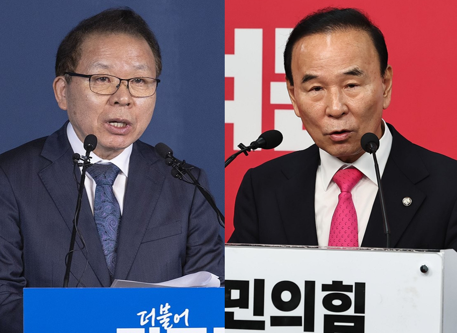 김이수 더불어민주당 공천관리위원장(왼쪽), 박덕흠 국민의힘 공천관리위원장 [사진=연합뉴스]