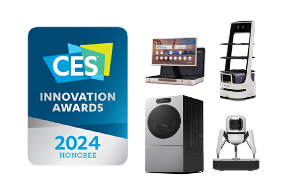 (좌측 상단부터 시계방향으로) 'CES 2024 혁신상'을 수상한 LG 스탠바이미 Go, LG 클로이 서브봇, 신개념 커피머신 듀오보, LG 시그니처 세탁건조기. [사진=LG전자]