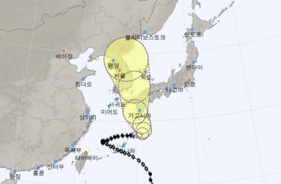 6호 태풍 '카눈'이 10일 우리나라에 상륙할 것으로 전망된다. 태풍이 만들어낸 강한 비바람은 9~10일 전국으로 확대할 것으로 예상된다. [사진=기상청]