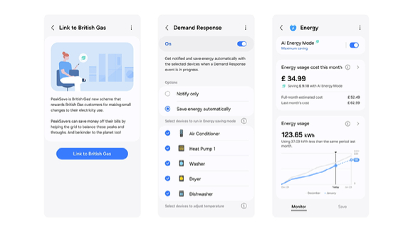 삼성전자 스마트싱스 에너지를 통해 브리티시 가스가 추진하는 수요 반응 서비스(DR)인 '피크 세이브(PeakSave)'를 연동하는 이미지. [사진=삼성전자]
