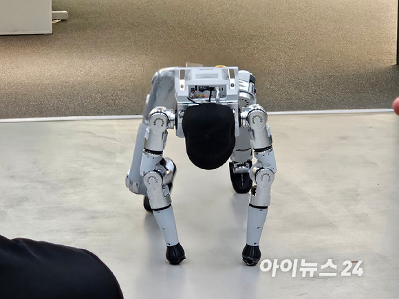 31일 서울 강서구 로보티즈 사옥에서 열린 'K-휴머노이드 생태계 선포식'에서 휴머노이드 로봇 'AI 사피엔스'가 파쿠르 동작을 시연하고 있다. [사진=설재윤 기자]