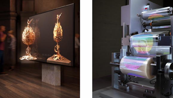 노준석 포항공대 교수가 최근 메타렌즈 대량 생산 시스템(오른쪽)과 붙이기만 하면 2D에서 3D로 전환되는 메타렌즈 기술을 선보여 관심을 모으고 있다. [사진=포항공대]