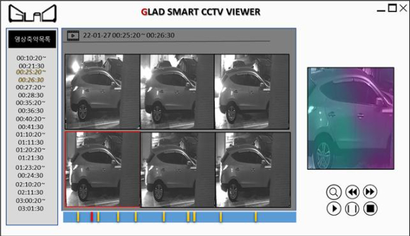 사용자 소프트웨어 예시. 블랙박스영상에서 차량의 좌측 상단의 3톤 트럭이 후진을 하다가 SUV와 충돌하고 있다. 사용자 소프트웨어는 해당 시점을 왼쪽 시간표에 표기하고 있다. [사진=GIST]