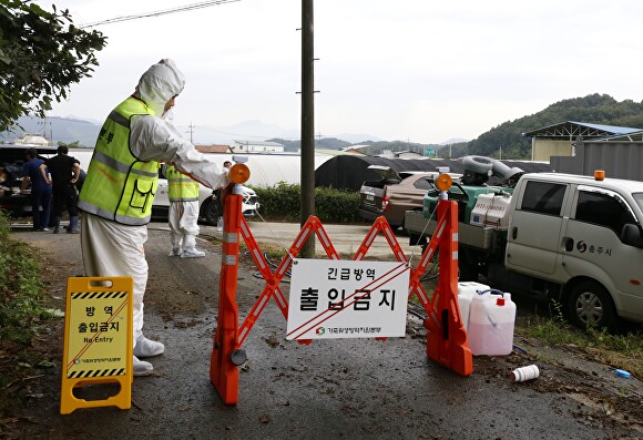 럼피스킨 발병이 확인된 충주시 금가면 한우농장 축사 입구에서 방역 당국이 출입통제 시설물을 설치하고 있다. [사진=뉴시스]