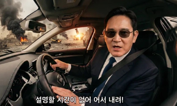 급락장 속 '설명할 시간 없어, 빨리 내려' 라는 AI 합성 이미지가 씁쓸한 웃음을 자아냈다. [사진=온라인 커뮤니티]