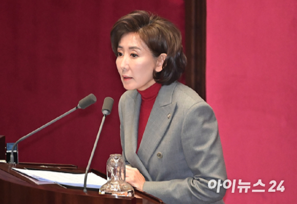 나경원 국민의힘 의원이 지난달 국회 본회의장에서 열린 대정부질문에서 발언하고 있다. [사진=곽영래 기자]