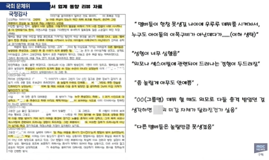 민형배 더불어민주당 의원이 24일 국회 문화체육관광위원회 종합국정감사 영상에서 공개된 하이브 내부 리포트 자료 갈무리 [사진=MBC]