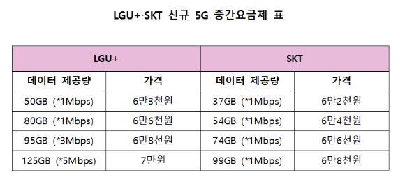 LGU+와 SKT가 출시한 신규 5G 요금제 비교표. [사진=각사]