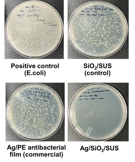 KIST 연구진이 상용제품보다 2배 이상 뛰어난 항바이러스·항균 효과를 갖는 필름코팅 기술을 개발했다고 발표했다. 사진은 상용 은나노 필름 대비 항박테리아 효과 비교 [사진=KIST]