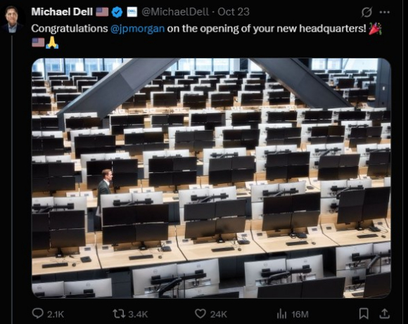 마이클 델 델 회장은 자신의 엑스 계정에 "JP모건 새 본사 오픈을 축하한다"며 사무실 사진을 올렸다. [사진=마이클 델 엑스 캡처] [사진=엑스 캡처]