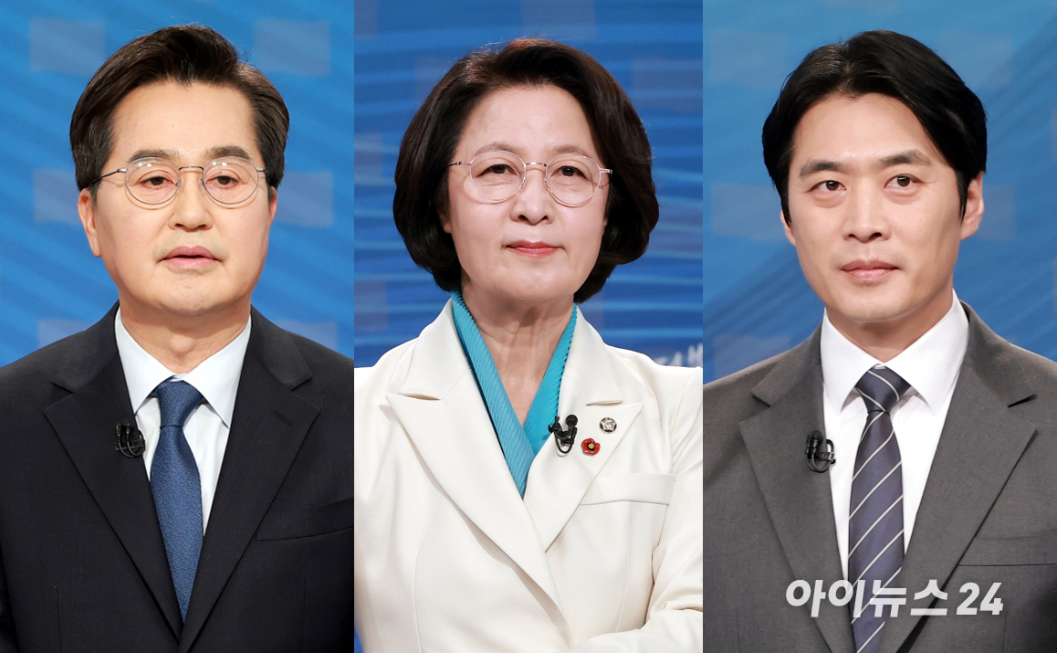 더불어민주당 경기도지사 경선후보들이 지난 1일 서울 양천구 SBS 목동 스튜디오에서 열린 더불어민주당 경기도지사 후보자 2차 TV 합동토론회에 참석해 토론을 준비하고 있다. 왼쪽부터 김동연 예비후보, 추미애 예비후보, 한준호 예비후보 [사진=국회사진기자단]
