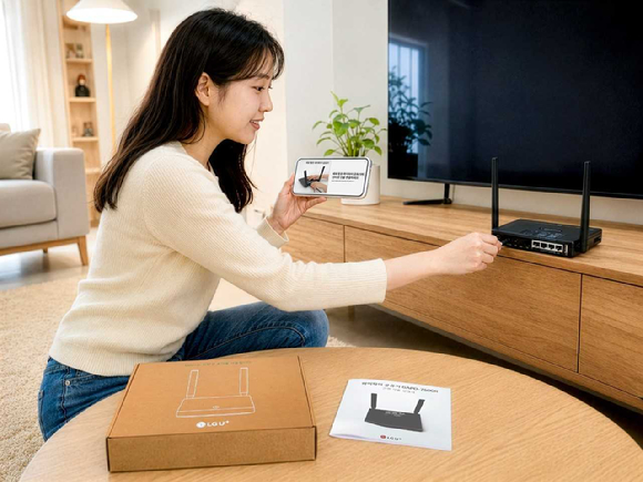 집안에서 비대면 셀프개통을 진행하는 장면을 AI로 생성한 모습. [사진=LGU+]