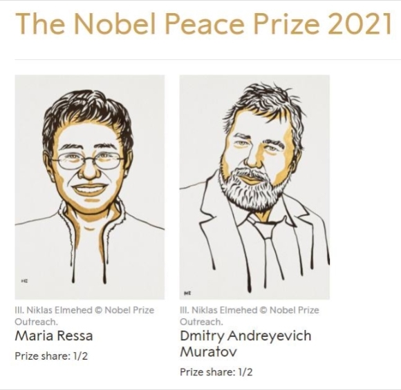 올해 노벨평화상에 러시아 출신 드미트리 무라토프와 필리핀·미국 이중 국적자 마리아 레사 등 2명이 나란히 수상했다. [사진=노벨위원회]