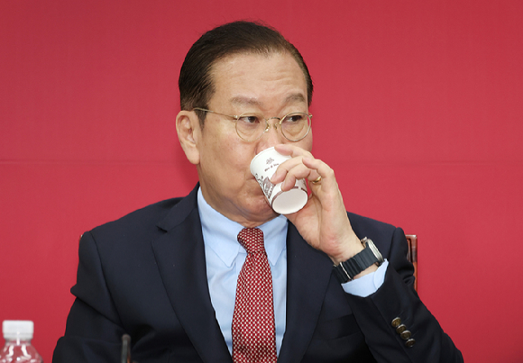 국민의힘 권영세 비상대책위원장이 17일 국회에서 열린 비상대책위원회의에서 발언을 마친 뒤 물을 마시고 있다. [사진=연합뉴스]