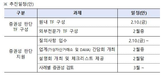 가상자산 증권성 판단 TF 추진 일정. [사진=금감원]