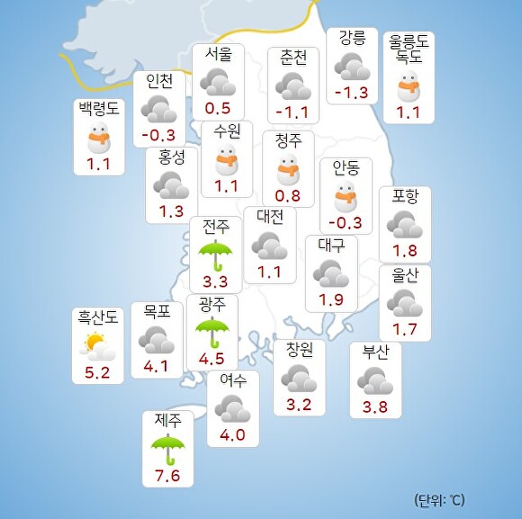 6일 오전 9시 현재 전국 날씨. [사진=기상청 날씨누리]