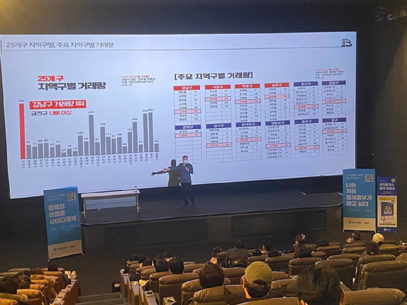  업계 최초로 100억원 매출을 달성한 공인중개법인 '빌사남'의 김윤수 대표가 CGV 여의도점에서 강연을 진행하고 있다. [사진=고종민 기자]