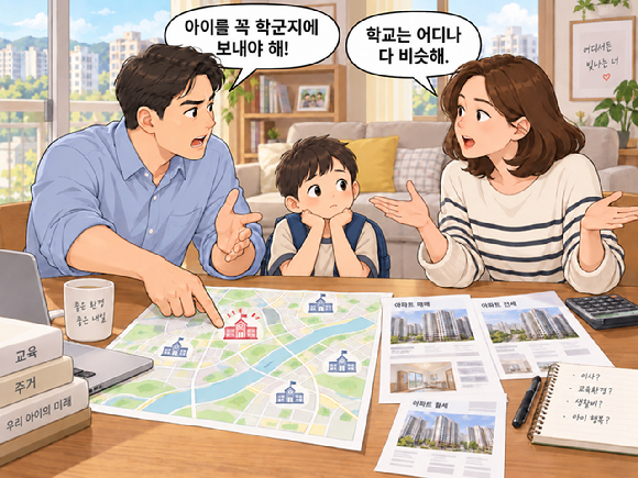 아이에게 위험한 환경을 피하기 위해 소위 '학군지'로 이사해야 한다는 남편과 '어디나 다 비슷하다'며 이사하지 않으려는 아내가 서로 맞붙은 사연이 알려졌다. 그림은 챗GPT로 생성한 인공지능(AI) 이미지. [사진=챗GPT]