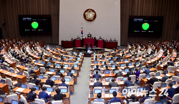 28일 서울 여의도 국회에서 열린 본회의에서 세종시에 국회의사당 분원을 설치하는 내용의 국회법 개정안이 통과되고 있다.