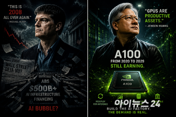 마이클 버리(왼쪽)와 젠슨 황 엔비디아 CEO를 AI로 그린 그림. [사진=챗GPT]