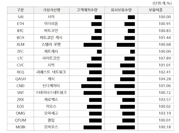 지난 2분기 기준 고팍스의 가상자산 실사보고서 내역.  [사진=고팍스]