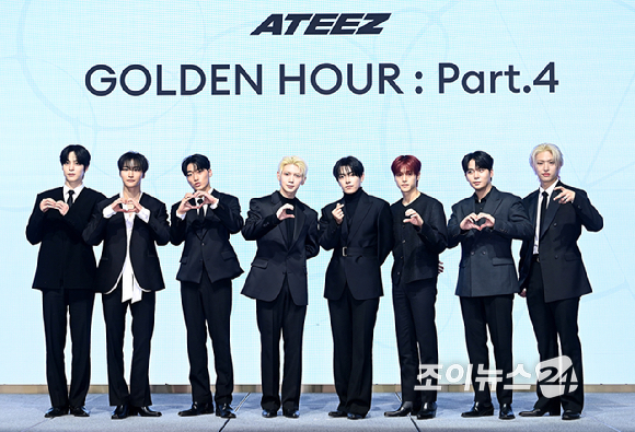 에이티즈가 5일 오후 서울 여의도 페어몬트 엠버서더 서울에서 열린 미니 13집 '골든 아워 : 파트 4(GOLDEN HOUR : Part.4)' 발매 기념 기자간담회에서 포즈를 취하고 있다. [사진=곽영래 기자]