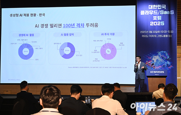 강종호 베스핀글로벌 부사장이 30일 서울 영등포구 여의도동 FKI타워 그랜드볼룸에서 열린 '대한민국 클라우드·SaaS 포럼 2025(KCSF2025)'에서 AI 기반 혁신 사례로 본 산업별 도입 고려 사항을 주제로 강연하고 있다. [사진=곽영래 기자]