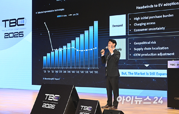 박기수 SK온 CTO가 11일 서울 강남구 코엑스에서 열린 더 배터리 컨퍼런스에서 강연을 하고 있다. [사진=곽영래 기자]