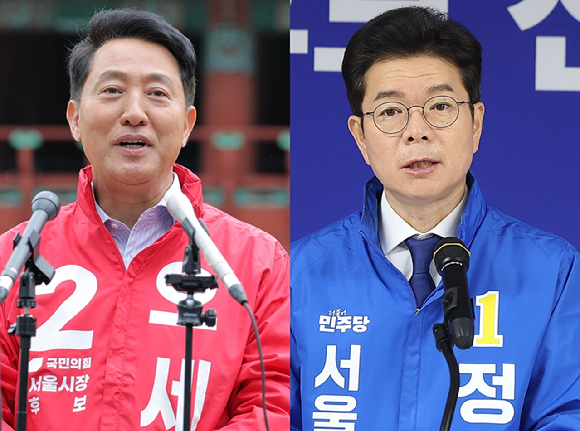 오세훈 국민의힘 서울시장 후보(왼쪽)와 정원오 더불어민주당 서울시장 후보. [사진=연합뉴스]