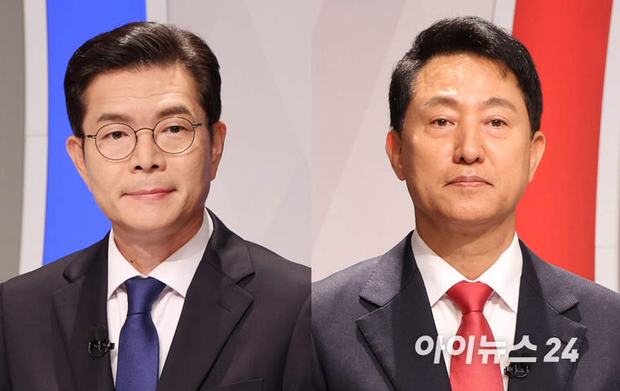 28일 오후 서울 마포구 SBS프리즘타워에서 열린 제9회 전국동시지방선거 2026 서울특별시장선거 후보자 토론회에서 참석한 정원오 더불어민주당 서울시장 후보(왼쪽), 오세훈 국민의힘 서울시장 후보. [사진=정소희 기자]