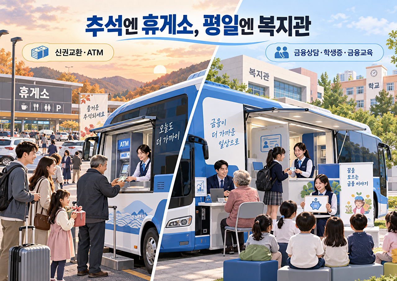 은행 이동점포가 추석 연휴에는 고속도로 휴게소에서 신권 교환과 ATM 업무를, 평소에는 복지관과 학교 등에서 금융상담&middot;금융교육을 제공하는 모습. [그림=AI 생성 이미지]
