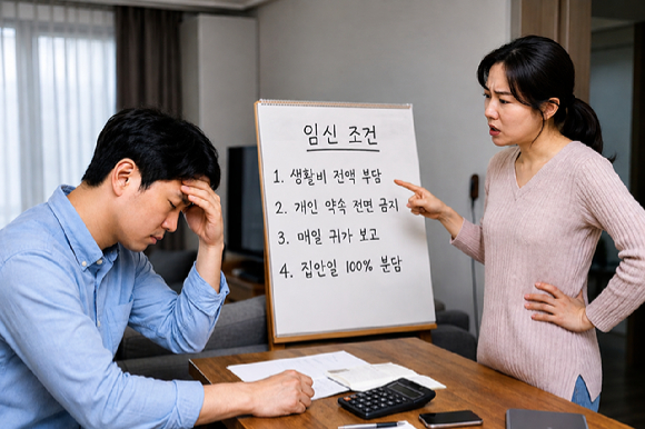생활비 전액 부담, 개인 약속 전면 금지 등 과도한 '임신 조건'을 요구하는 아내에게 스트레스를 받는다는 남편의 사연이 알려졌다. 챗GPT로 생성한 인공지능(AI) 이미지. [이미지=챗GPT]