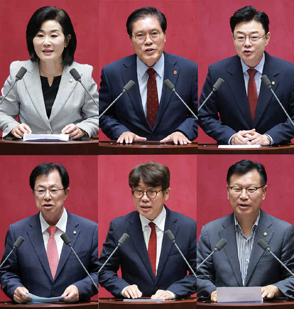 23일 국회에서 열린 7월 임시국회 제2차 본회의에서 선출된 국민의힘 소속 국회 6개 상임위원장. 윗줄 왼쪽부터 김희정 교육위원장, 송석준 외교통일위원장, 김성원 산업통상자원중소벤처기업위원장, 아랫줄 왼쪽부터 이만희 보건복지위원장, 유의동 국토교통위원장, 이양수 정보위원장. [사진=연합뉴스]
