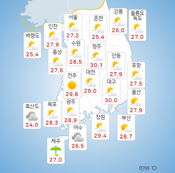 26일 오전 8시 현재 전국 날씨. [사진=기상청 날씨누리]