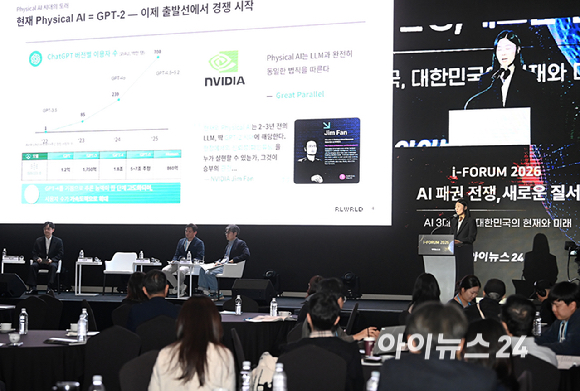 종합경제미디어 아이뉴스24의 대표 지식 컨퍼런스 '아이포럼 2026'이 22일 서울 용산구 서울드래곤시티 한라홀에서 'AI 패권 전쟁, 새로운 질서: AI 3대 강국, 대한민국의 현재와 미래'를 주제로 열린 가운데 진하영 리얼월드(RLWRLD) 사업개발 이사가 'Physical AI at the Inflection Point: Global Leaders and the Race for Real-World Intelligence'라는 주제로 발표하고 있다. [사진=곽영래 기자]