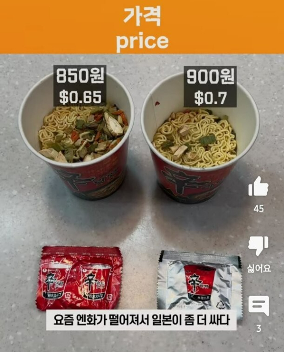 (좌측부터) 일본 현지에서 판매되고 있는 신라면 소컵과 내수용 신라면 소컵. [사진=유튜브 채널 '짭쪼롬 박사' 영상 캡처]