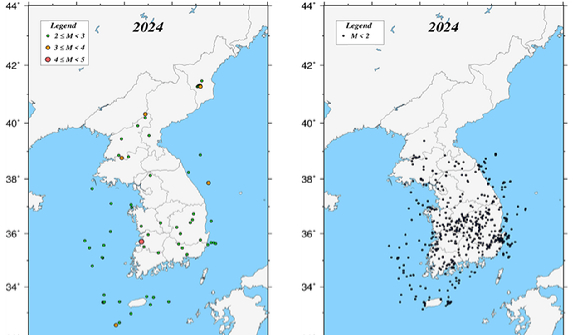 2024년 지진 발생 분포도(왼쪽은 규모 2.0 이상, 오른쪽은 규모 2.0 미만). [사진=기상청]