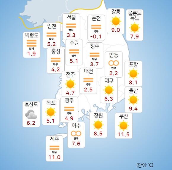 9일 오전 9시 현재 전국 날씨. [사진=기상청 날씨누리]