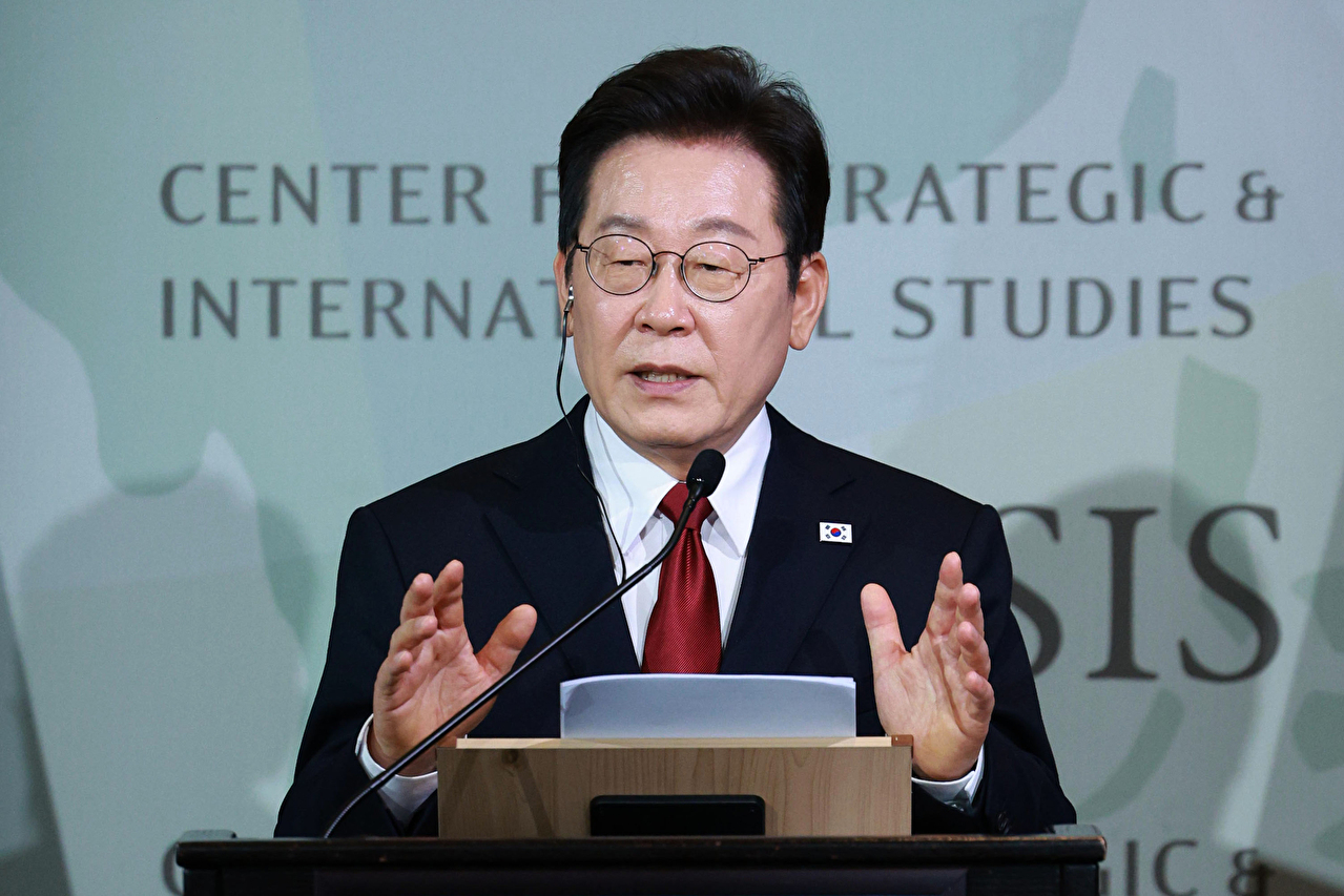 이재명 대통령이 25일(현지시간) 미국 워싱턴DC 국제전략문제연구소(CSIS)에서 정책 연설을 하고 있다. 2025.8.26 [사진=연합뉴스]
