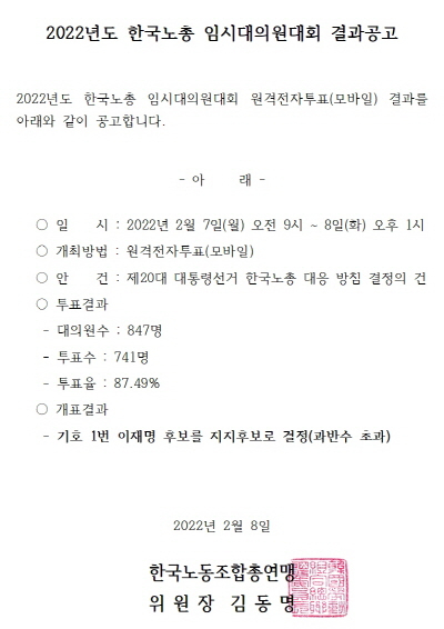 한국노총이 8일 임시대의원대회 투표 결과를 발표하며 이재명 더불어민주당 대선후보를 공식 지지할 것을 결정했다. 한국노총에 따르면 전날부터 이날 오후 1시까지 이뤄진 투표는 전체 대의원 847명 중 741명이 참석했으며 투표율은 87.49%를 기록했다. [사진=한국노동조합총연맹]