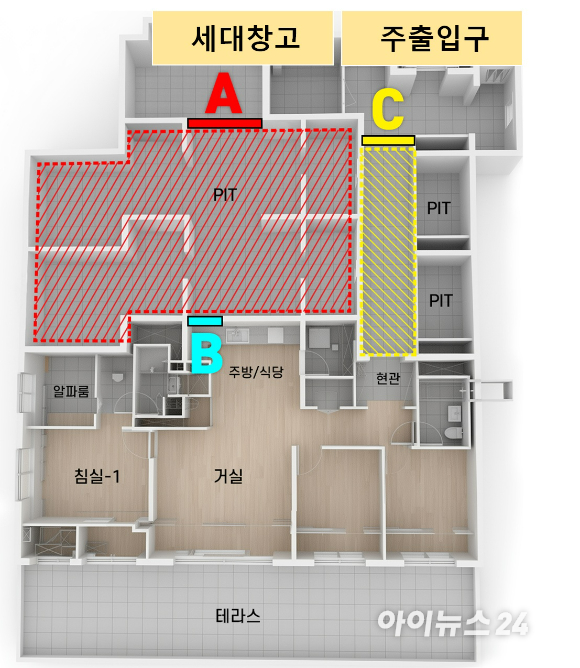 관악구 H아파트 내 일부 저층 세대가 현관부와 피트공간을 불법 확장해 전용공간으로 활용하면서 논란이 불거졌다. [그래픽=조은수 기자 ]