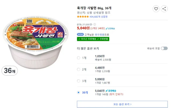 쿠팡에서 농심 육개장 사발면이 1개에 100원대 팔리며 주문 대란 소동이 벌어졌다. [사진=온라인 커뮤니티 캡처]