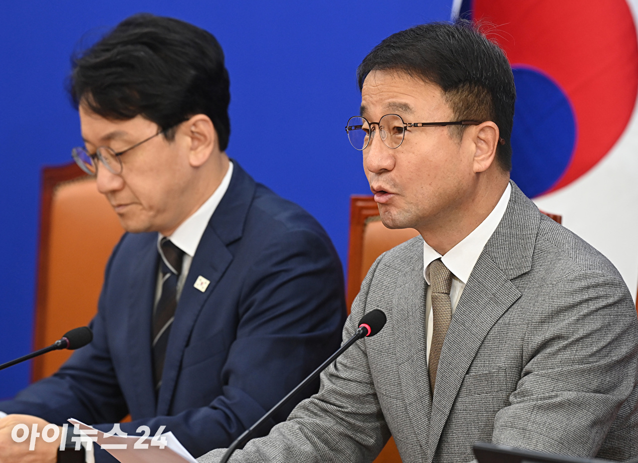 한병도 더불어민주당 원내대표가 20일 서울 여의도 국회에서 열린 국정감사 대책회의에서 발언하고 있다. [사진=곽영래 기자]
